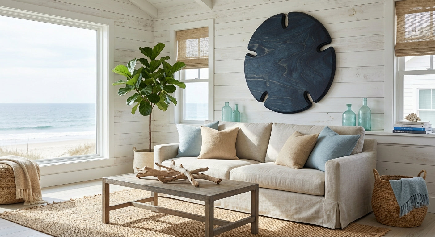 Sand Dollar Carved Wood Wall Art Panel - Freeform in Beach House Living Room (Midnight Sky)