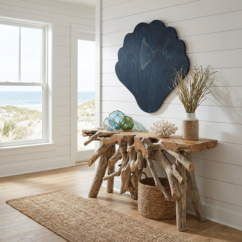 Scallop Shell Wood Wall Art Carved Wood Wall Art Panel - Freeform in Entryway (Midnight Sky)