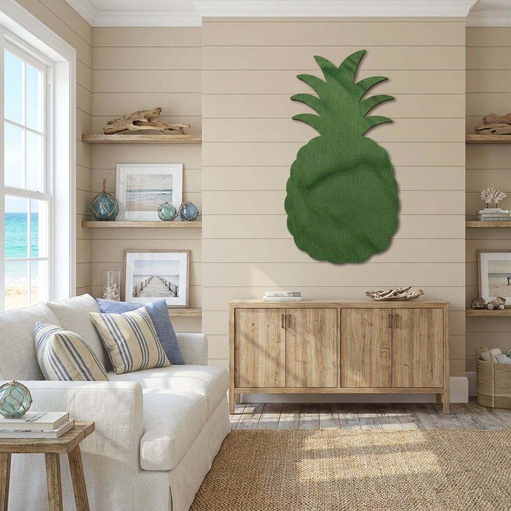 Pineapple Wood Wall Art Carved Wood Wall Art Panel - Freeform in Beach House Living Room (Fern)