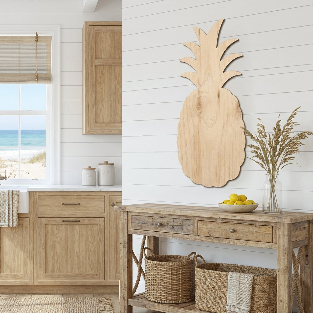 Pineapple Wood Wall Art Carved Wood Wall Art Panel - Freeform in Coastal Kitchen (Natural)