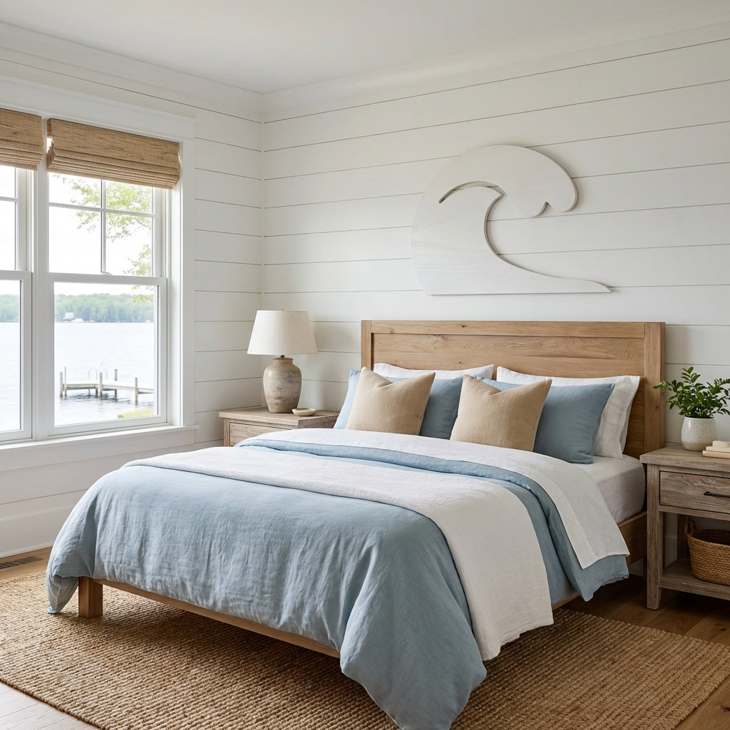 Ocean Wave Wood Wall Art Carved Wood Wall Art Panel - Freeform in Lake House Bedroom (Cotton White)