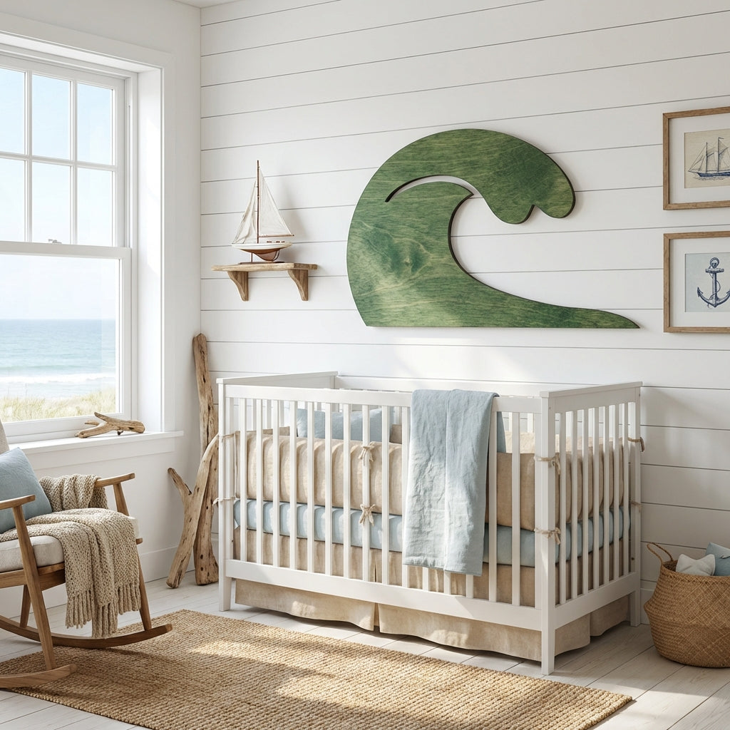 Ocean Wave Wood Wall Art Carved Wood Wall Art Panel - Freeform in Nursery (Fern)
