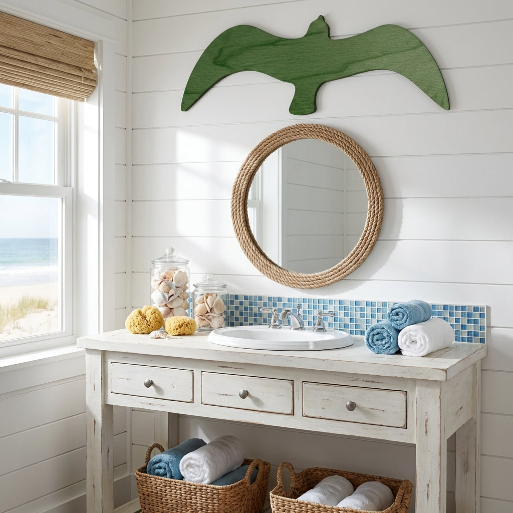 Seagull Wood Wall Art Carved Wood Wall Art Panel - Freeform in Nautical Bathroom (Fern)
