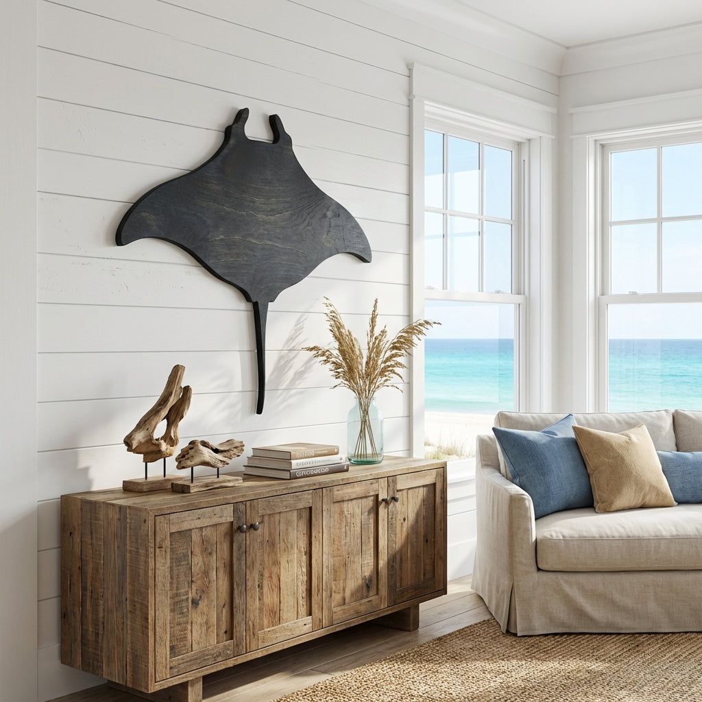 Manta Ray Wood Wall Art Carved Wood Wall Art Panel - Freeform in Beach House Living Room (Midnight Sky)