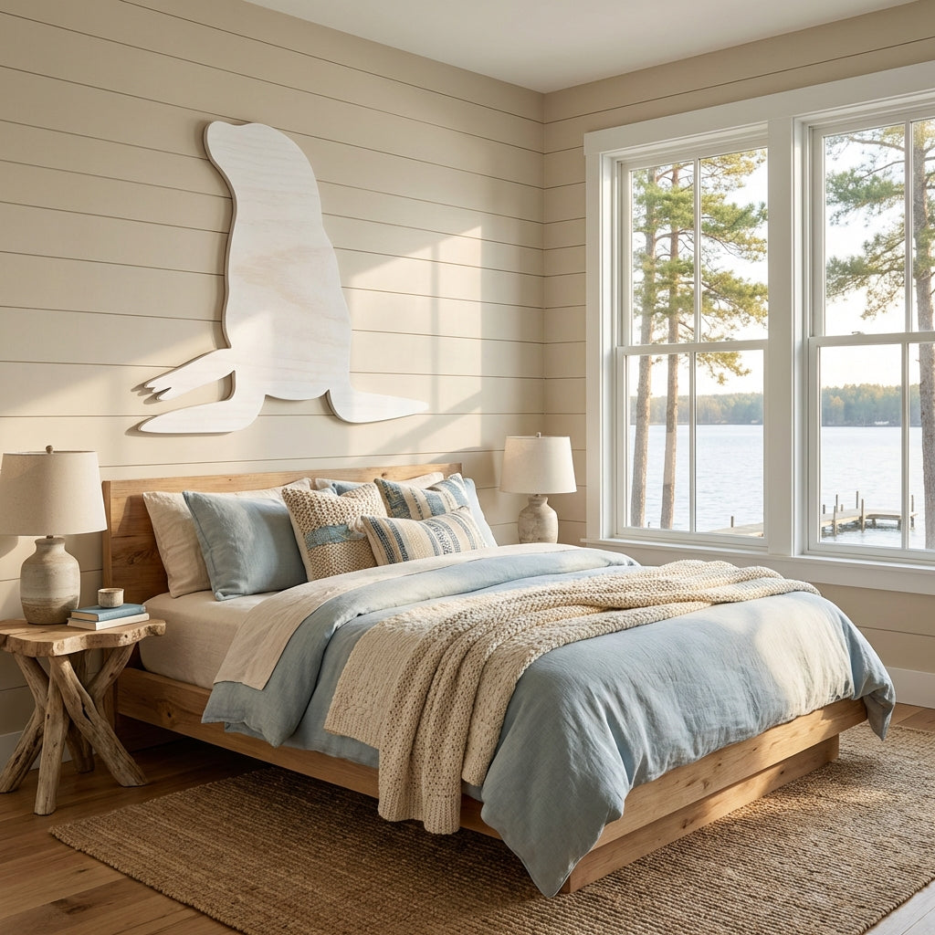 Sea Lion Wood Wall Art Carved Wood Wall Art Panel - Freeform in Lake House Bedroom (Cotton White)
