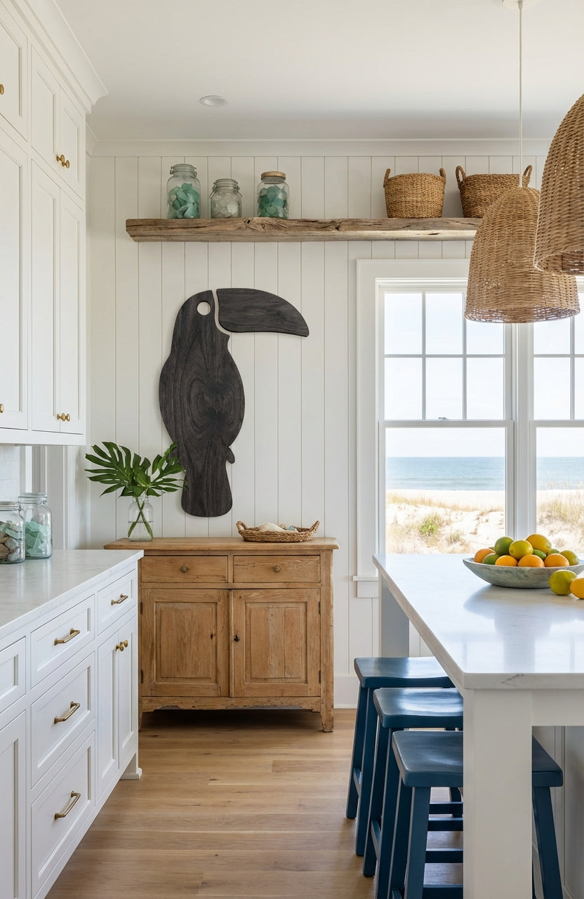 Toucan Wood Wall Art Carved Wood Wall Art Panel - Freeform in Coastal Kitchen (Charcoal)