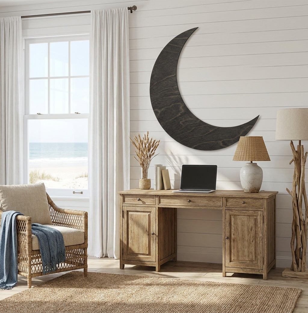 Crescent Moon Wood Wall Art Carved Wood Wall Art Panel - Freeform in Office (Charcoal)