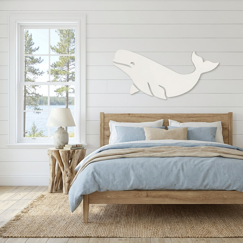 Beluga Whale Wood Wall Art Carved Wood Wall Art Panel - Freeform in Lake House Bedroom (Cotton White)