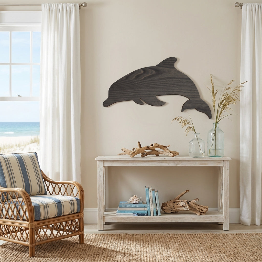 Porpoise Wood Wall Art Carved Wood Wall Art Panel - Freeform in Beach House (Charcoal)