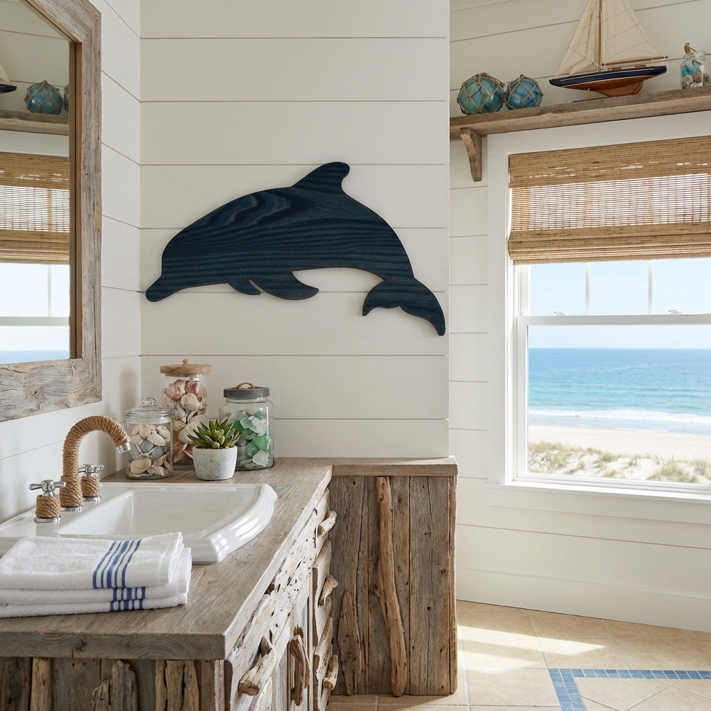 Porpoise Wood Wall Art Carved Wood Wall Art Panel - Freeform in Nautical Bathroom (Midnight Sky)