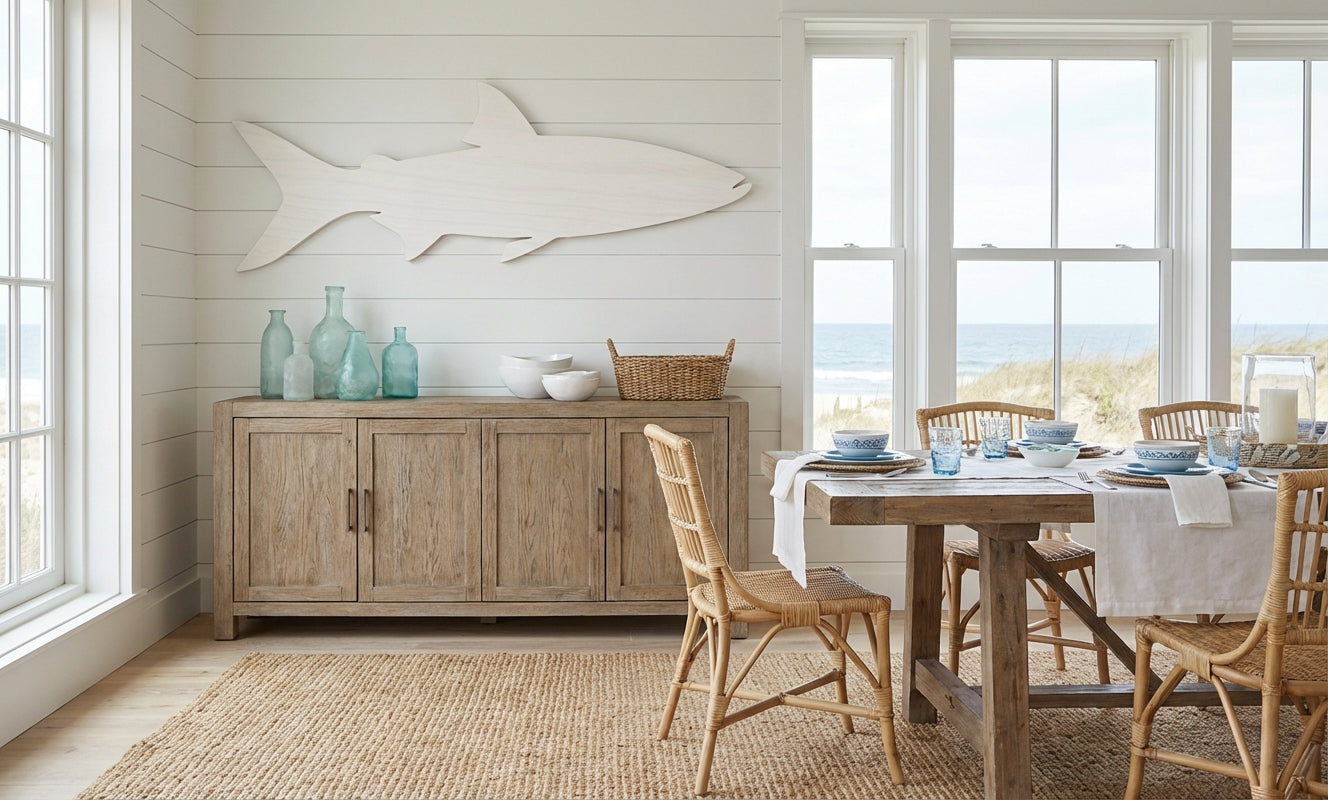 Bonefish Wood Wall Art Carved Wood Wall Art Panel - Freeform in Dining Room (Cotton White)