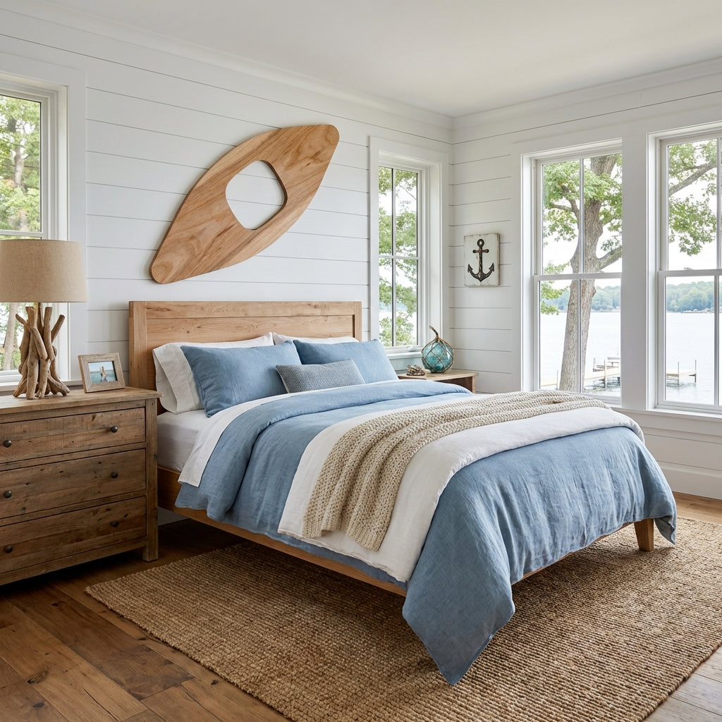 Kayak Wood Wall Art Carved Wood Wall Art Panel - Freeform in Lake House Bedroom (Natural)
