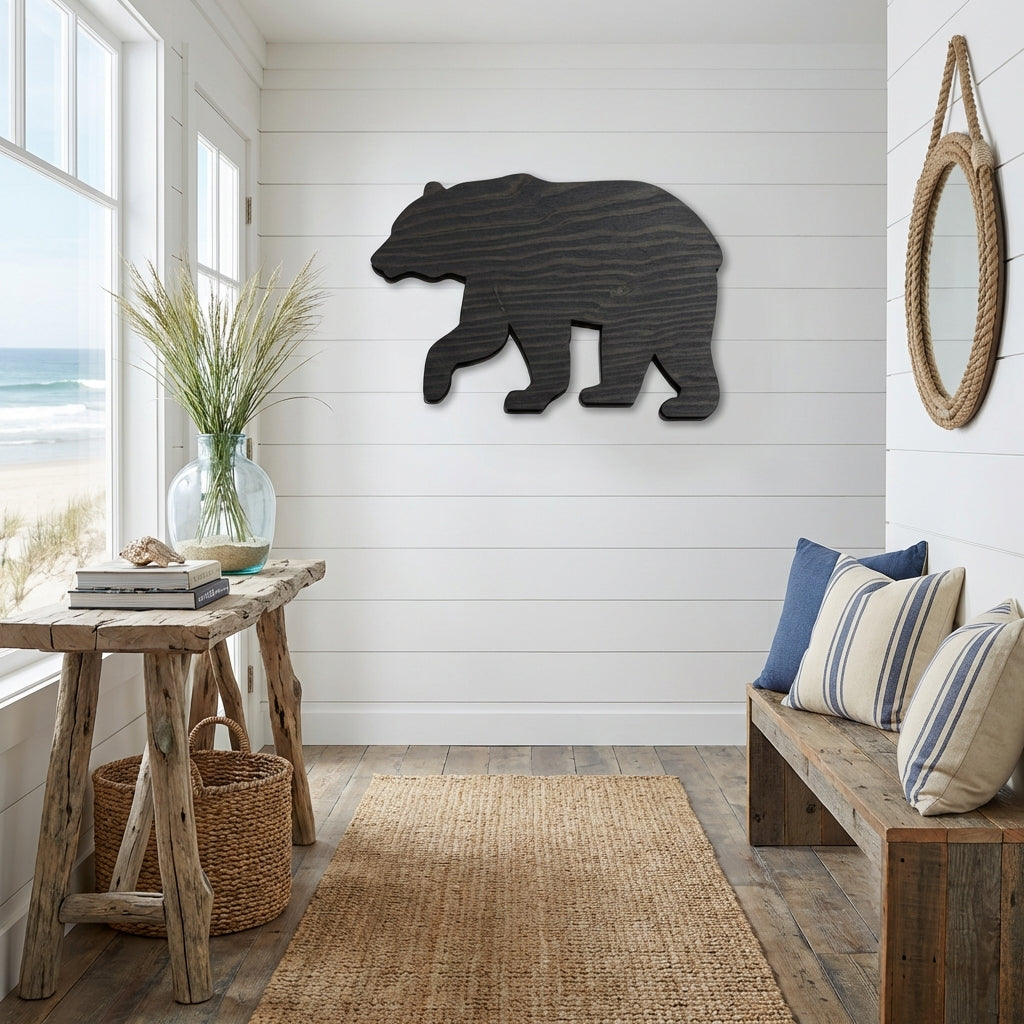 Bear Wood Wall Art Carved Wood Wall Art Panel - Freeform in Entryway (Charcoal)