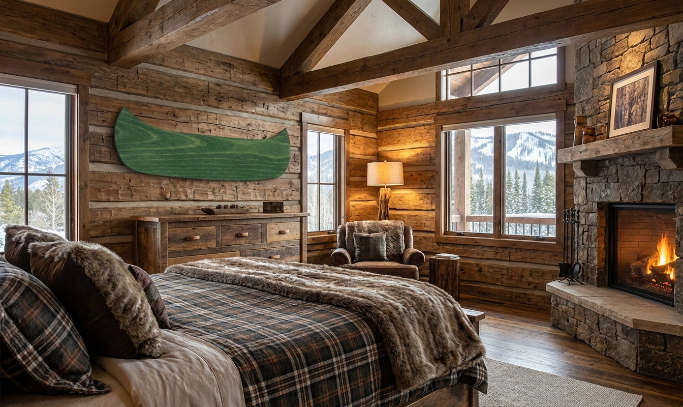 Canoe Wood Wall Art Carved Wood Wall Art Panel - Freeform in Lodge Bedroom (Fern)
