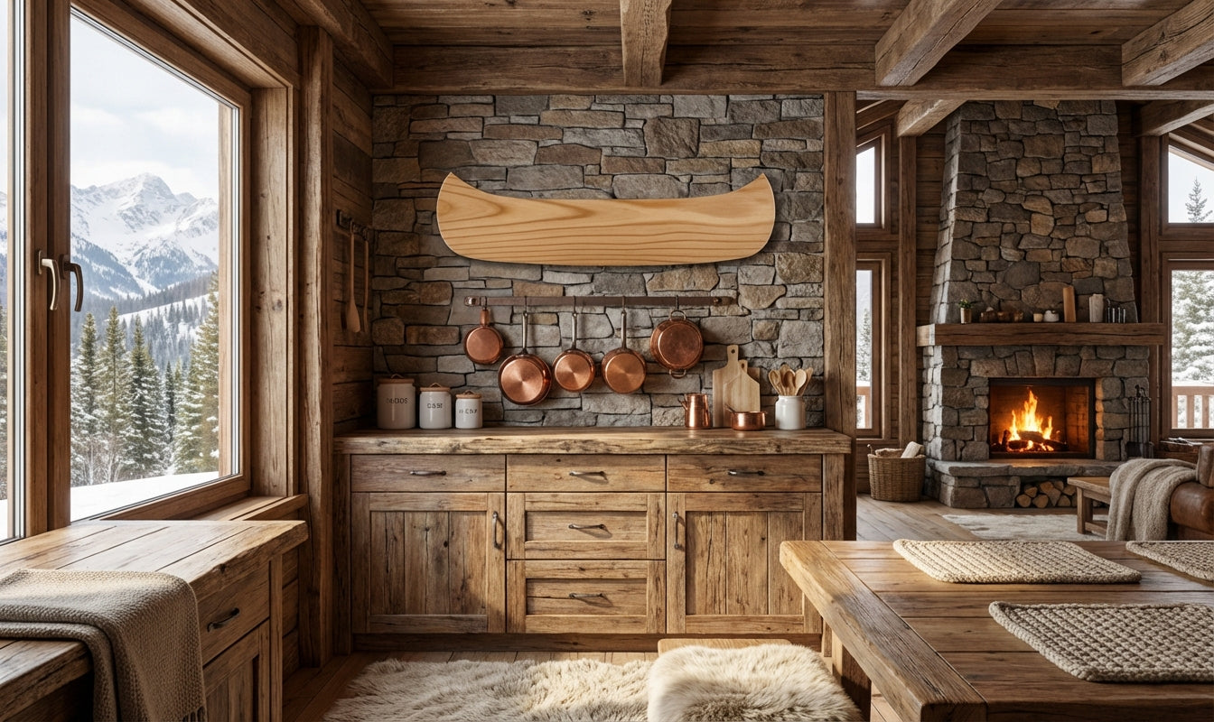 Canoe Wood Wall Art Carved Wood Wall Art Panel - Freeform in Cabin Kitchen (Natural)