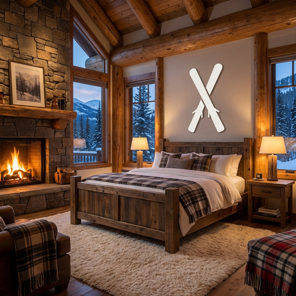 Crossed Skis Wood Wall Art Carved Wood Wall Art Panel - Freeform in Lodge Bedroom (Cotton White)