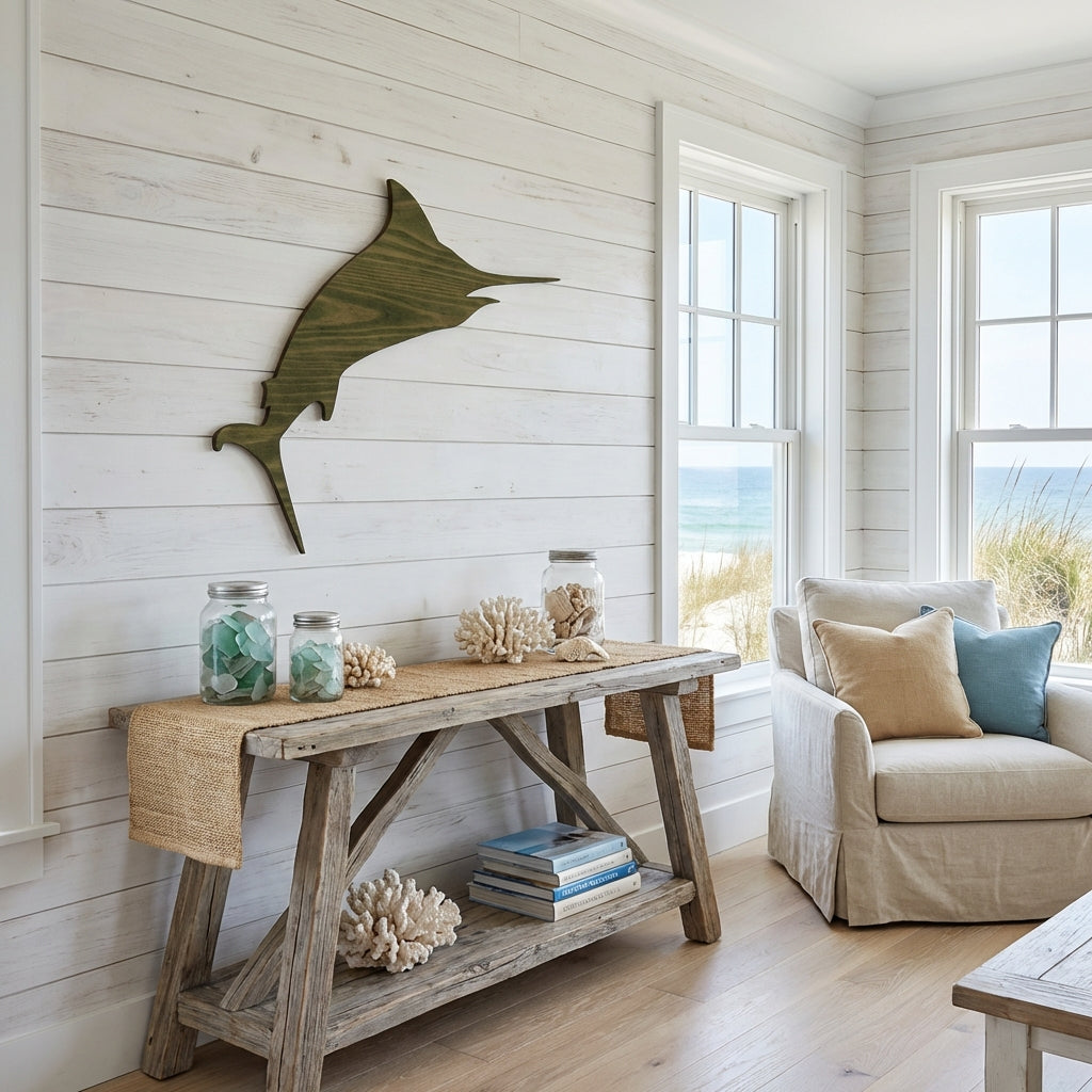 Marlin Wood Wall Art Carved Wood Wall Art Panel - Freeform in Beach House (Fern)