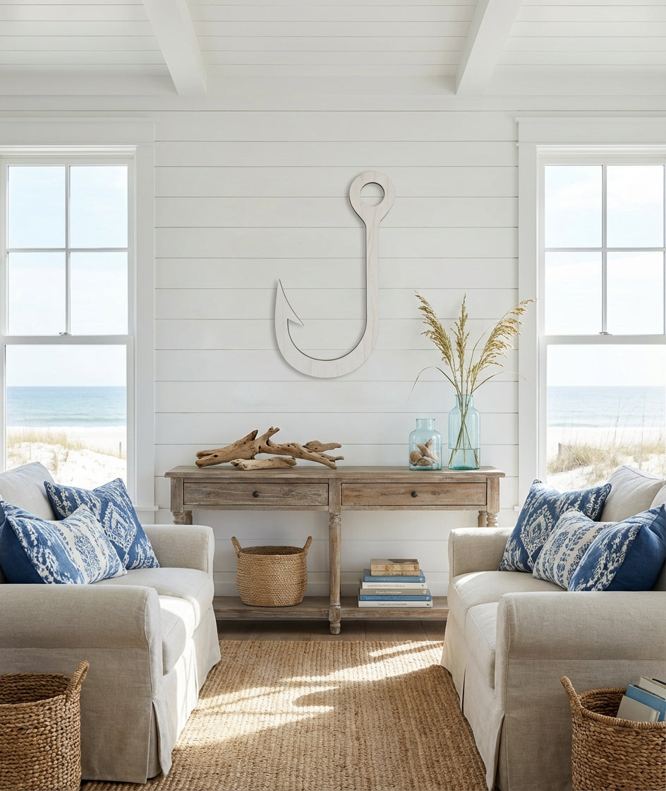 Fish Hook Wood Wall Art Carved Wood Wall Art Panel - Freeform in Beach House Living Room (Cotton White)