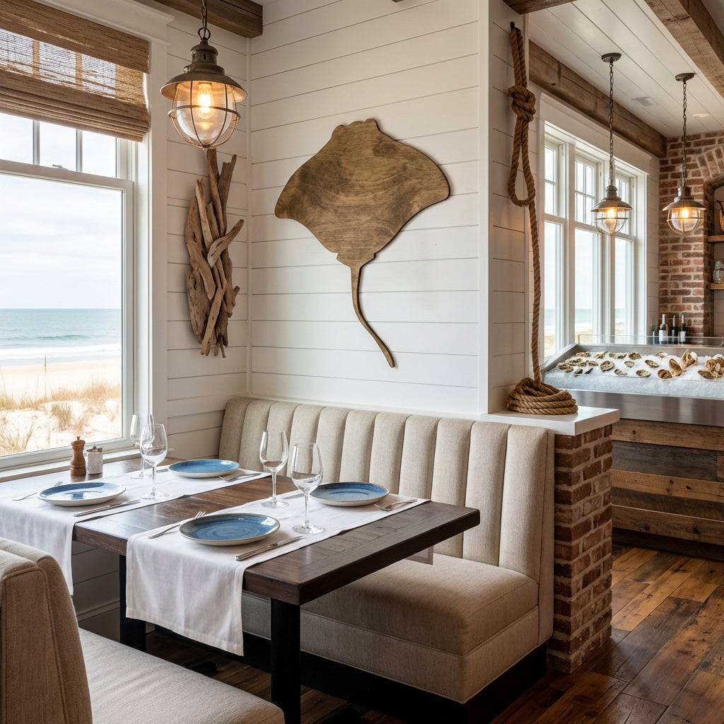 Stingray Wood Wall Art Carved Wood Wall Art Panel - Freeform in Seafood Restaurant (Fern)