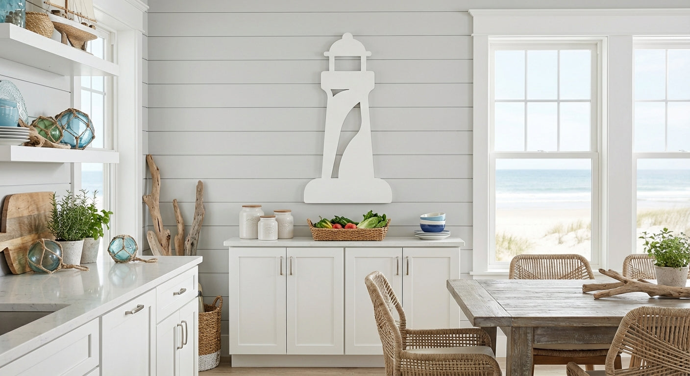 Lighthouse Carved Wood Wall Art Panel - Freeform in Coastal Kitchen (Cotton White)