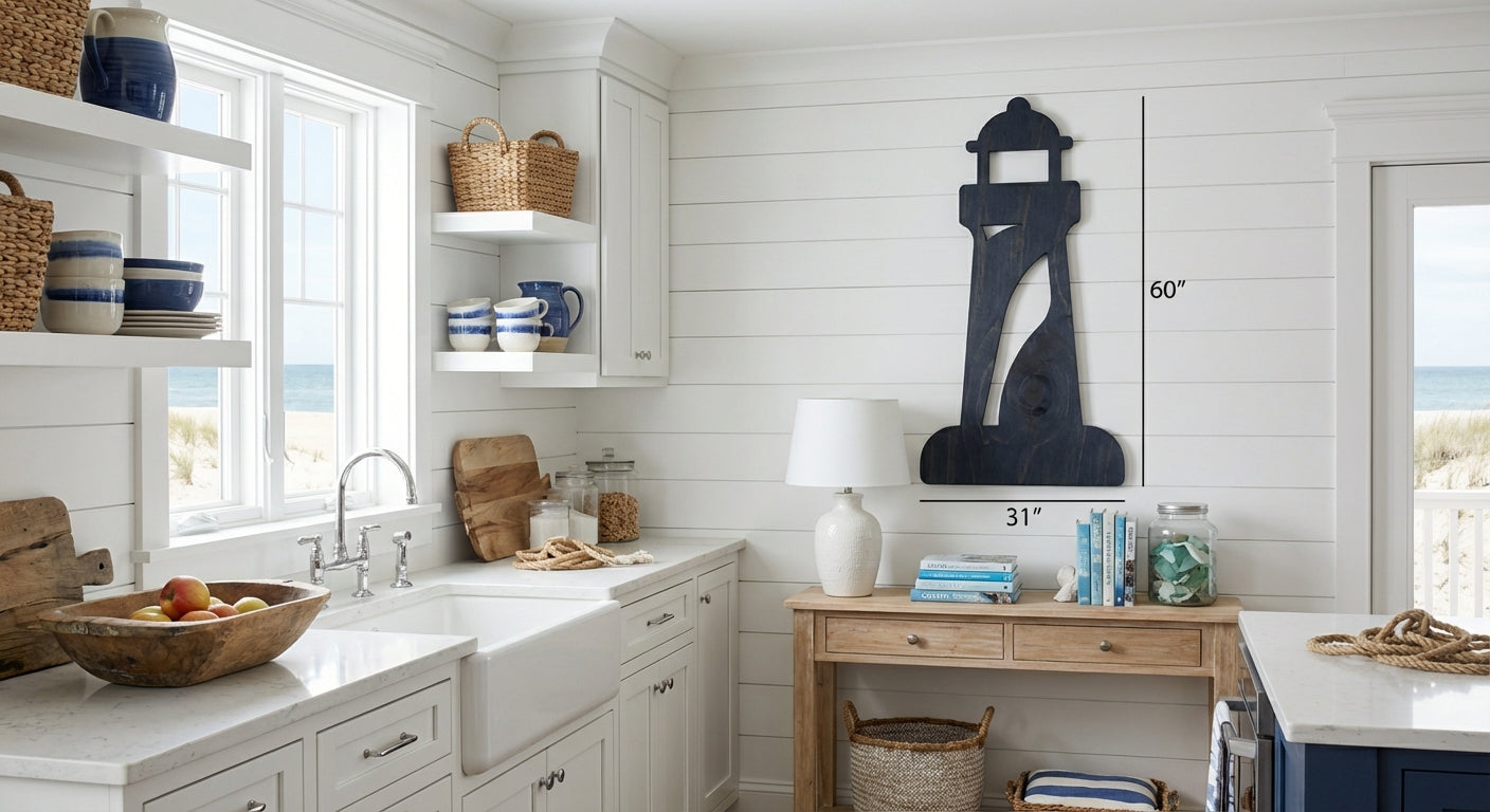 Lighthouse Carved Wood Wall Art Panel - Freeform in Coastal Kitchen (Midnight Sky)
