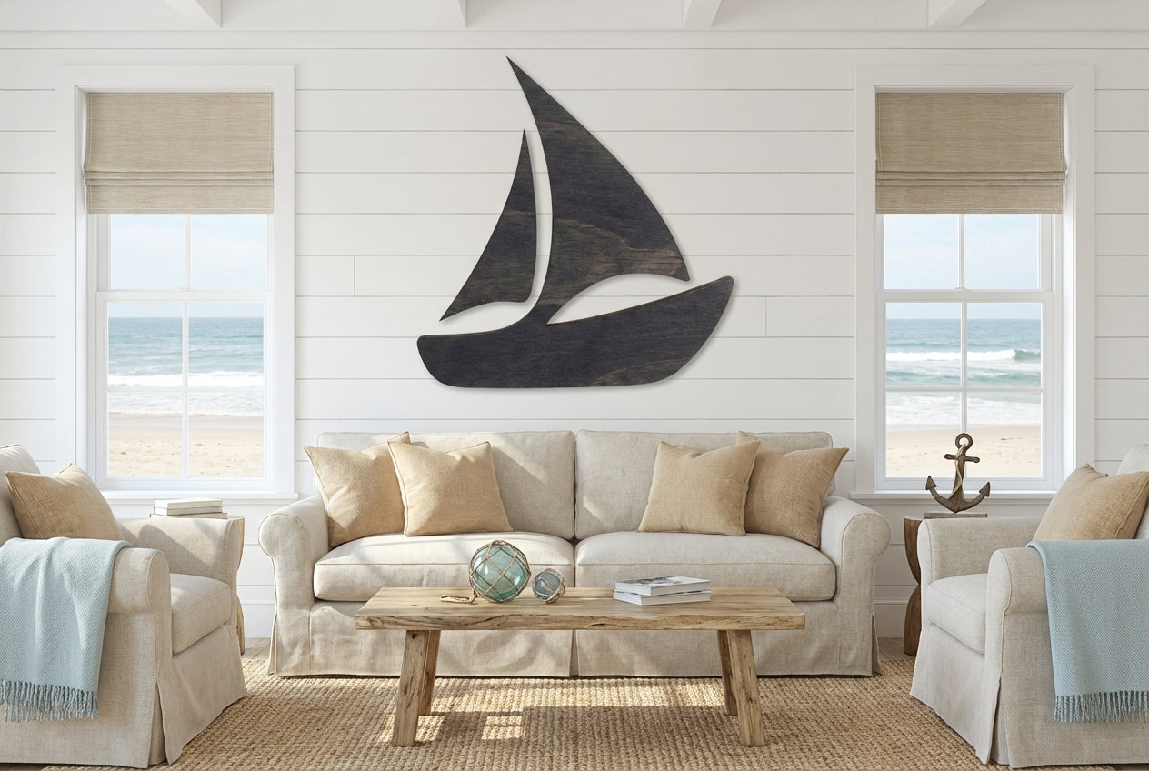 Sailboat Carved Wood Wall Art Panel - Freeform in Beach House Living Room (Charcoal)